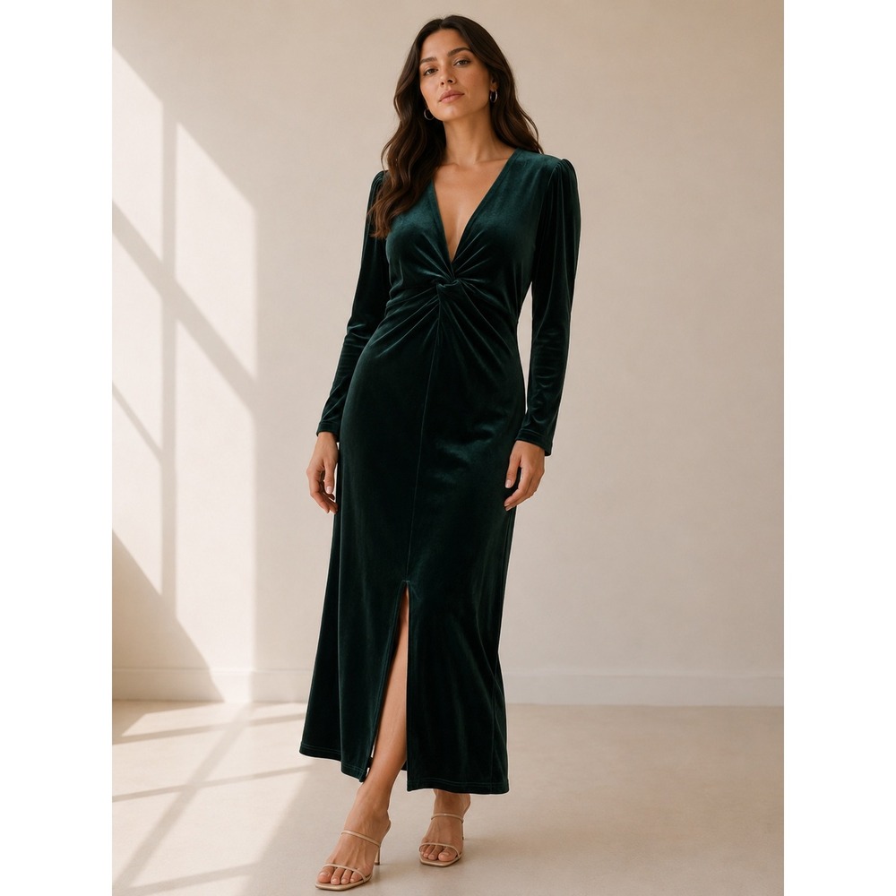 Petal + Pup Velvet Dress Womens L Green Twist Front Cutout Midi wedding guest
